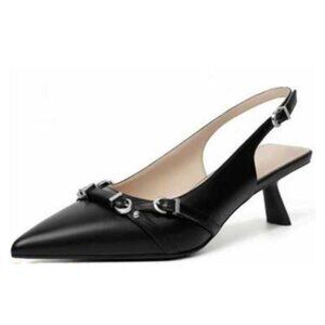 Womens Formal Black Slingback Pointed Toe Kitten Heels Buckle Detail Size 7.5"